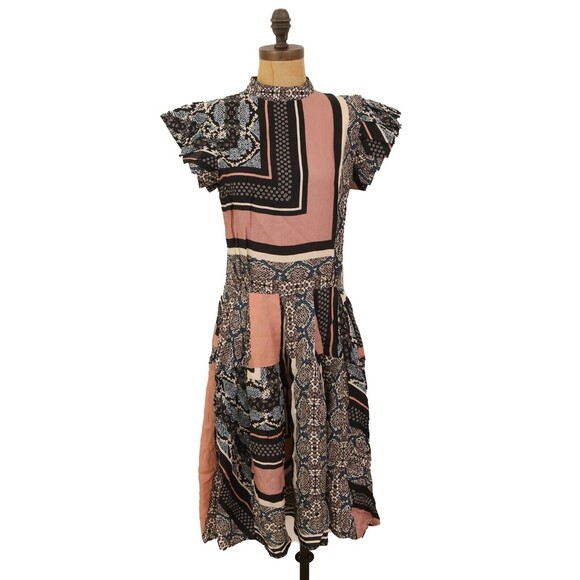 Katharine Kidd Ines Dress Size 4 Hi Low Midi Short Sleeve Pink Black EUC B36 - Picture 3 of 7